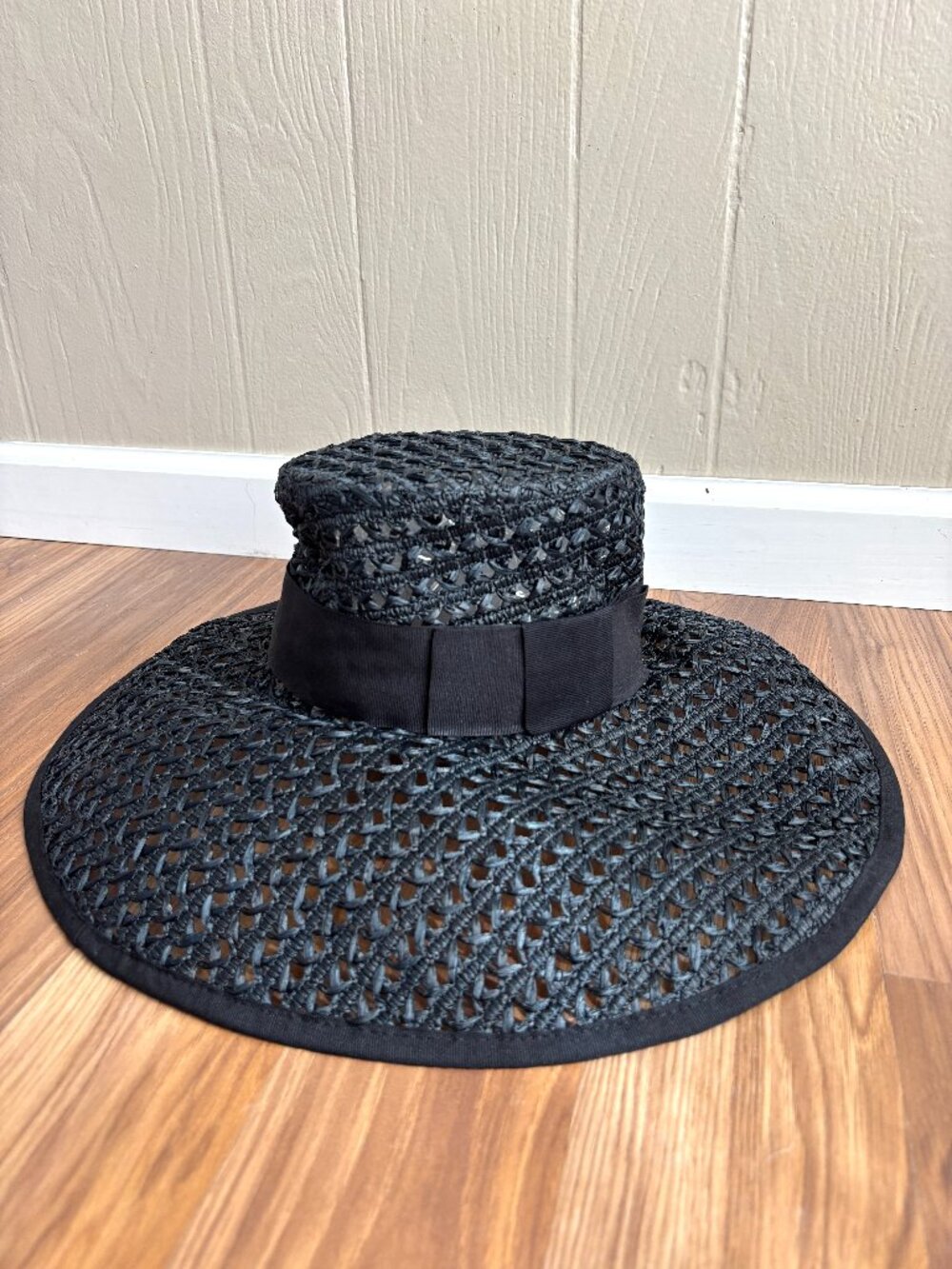 Kate Spade New York Straw Black Wide Brim Bow Sun Hat
